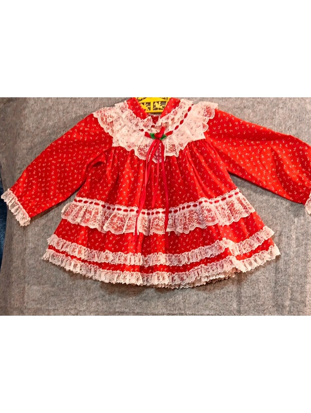 Vintage Bryan Floral Girls Red/White/Green Lace Puff Sleeve A-Line Dress 18-24M